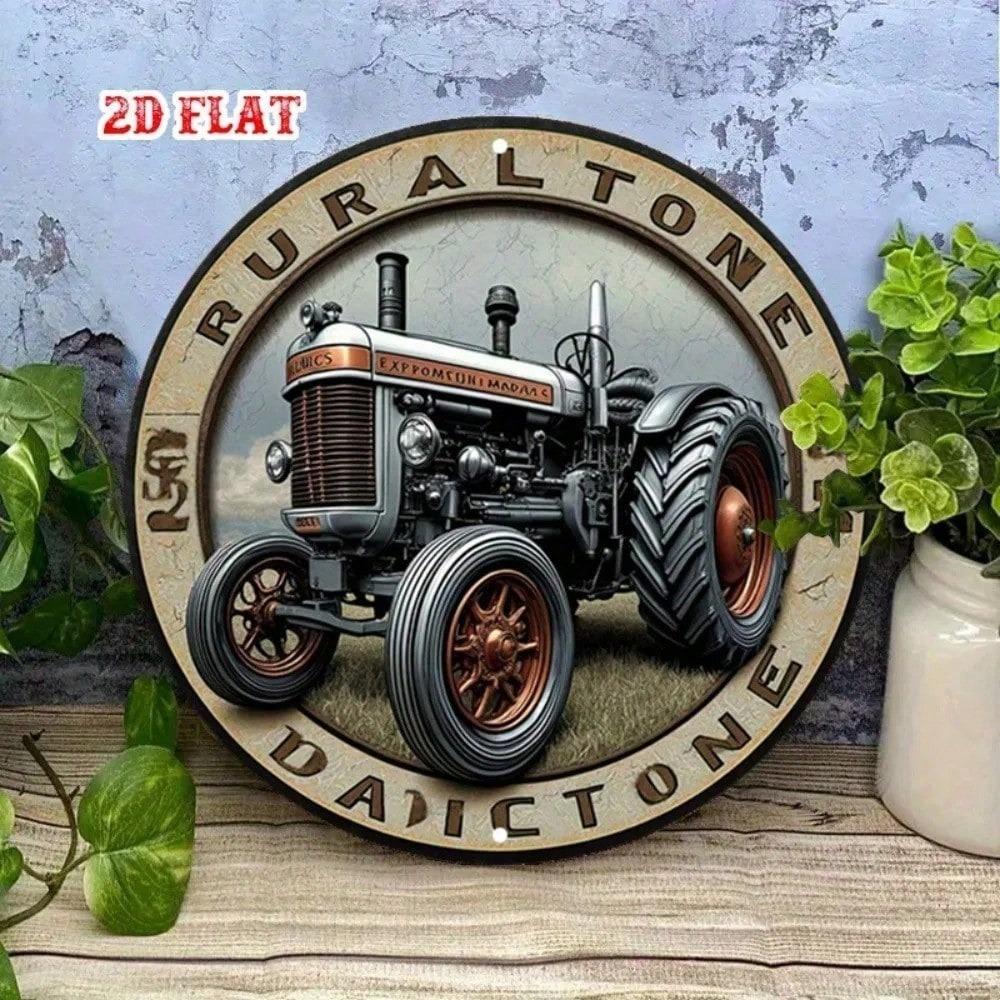 Retro Farmhouse Tractor Metal Sign, 7.87 Round Rustic Wall Decor for Garage Man Cave Bar Pub