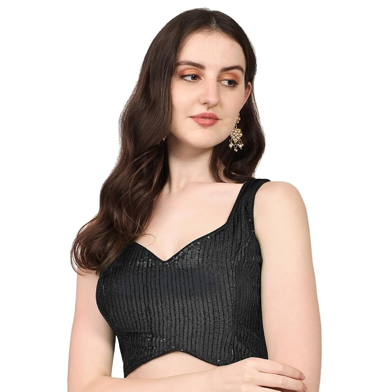 Vihu Fashion Women's Multicolor Sweetheart Neck Georgette Line Soft Sequence Zari Work Sleeves Readymade Saree Blouse (B