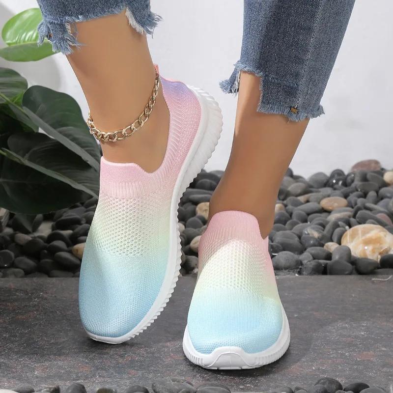 Fashion Gradient Color Women Flats Shoes Breathable Mesh Platform Sneakers Slip on Soft Ladies Casual  Women Shoes Tennis Flats