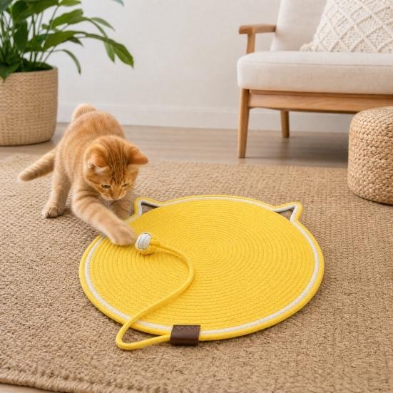 Cat Scratching Pad, Woven Cotton Rope Cat Scratcher with Bait Ball And Cute Ear Design, Indoor Cat Scratcher Mat for Furniture