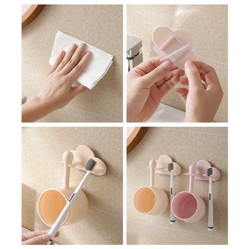 Home Brushing Cup Simple Mouthwash Couple Cup Straight Handle Punch-free Toothbrush Cup Holder Wall Mount Toothbrush Holder