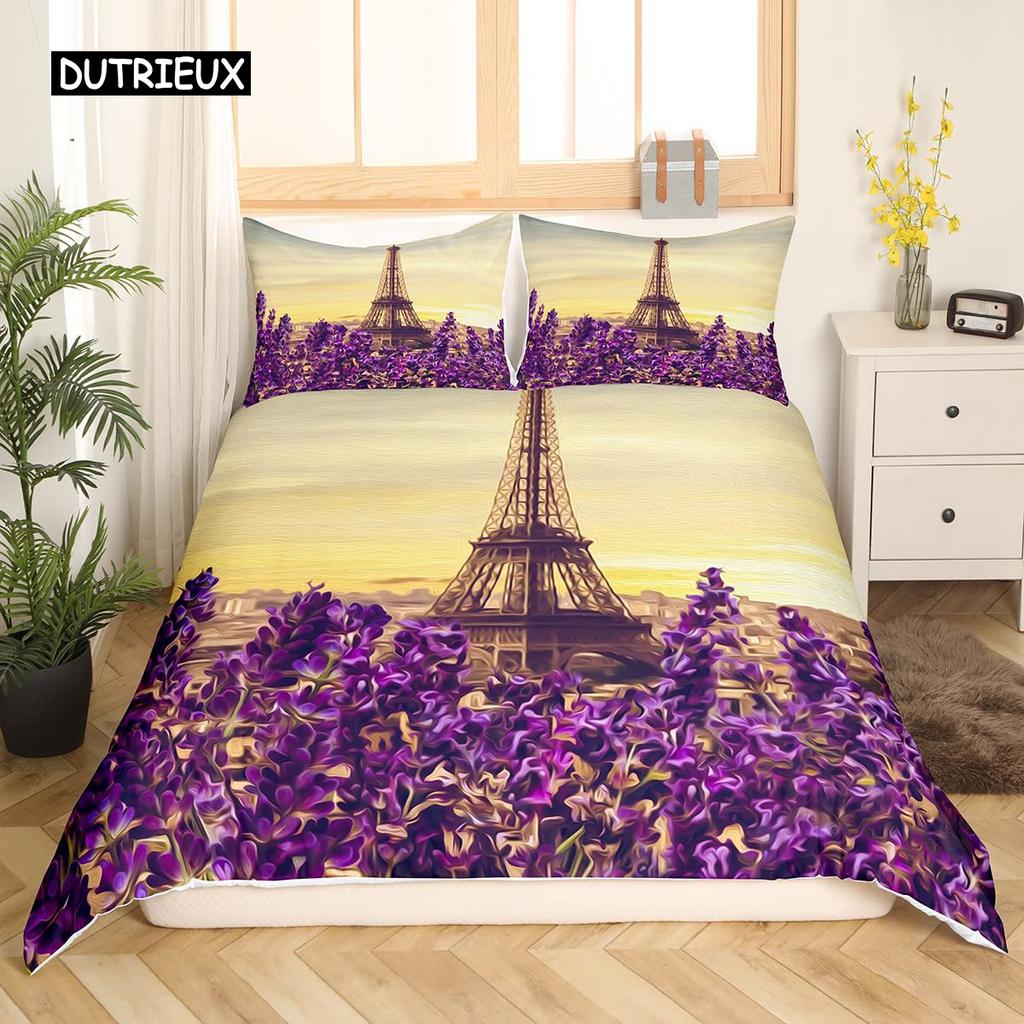Valentine Day King Queen Duvet Cover Paris Eiffel Tower Bedding Set Pink Watercolor Tulips Flowers Balloon Polyester Quilt Cover