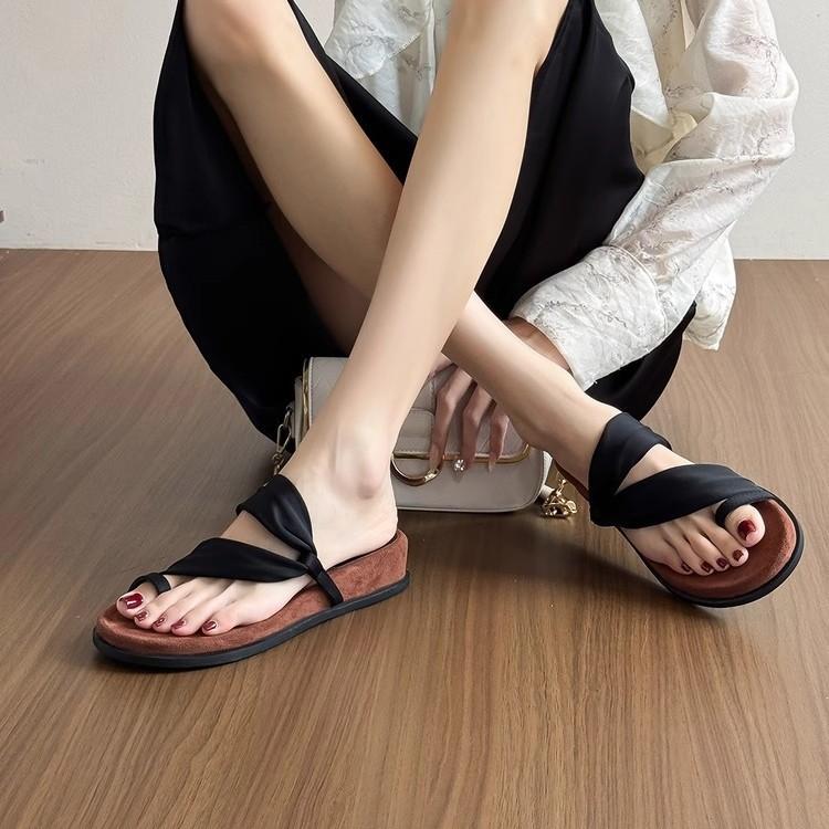 Sheepskin~ French round head cover toe cool slippers women's summer outer wear temperament with skirt thick sole with two sandals