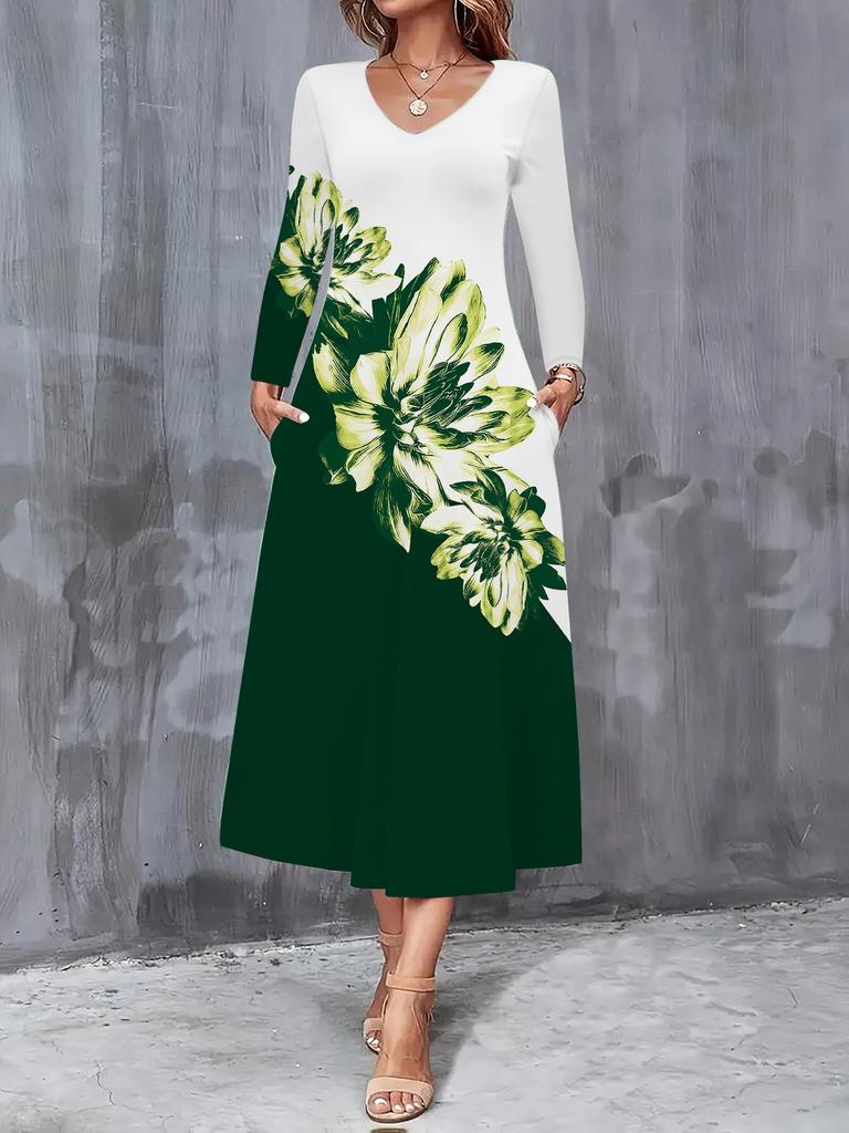 2025 Herbst und Winter Neue Damen Casual Mode Kleid Herbst 3D Blumenmuster Langarm V-Ausschnitt A-Linien Kleider