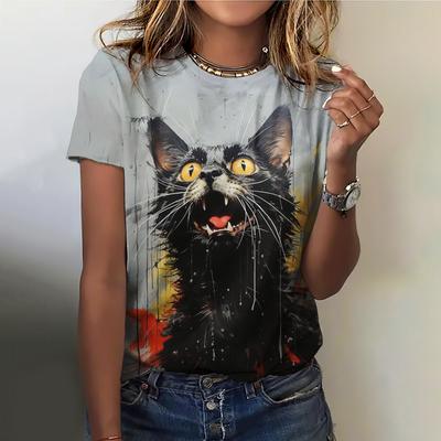 Letní tričko s kulatým výstřihem, 3D potiskem kočky, zvířecím potiskem, módní, ležérní, roztomilé, s krátkým rukávem, dámské