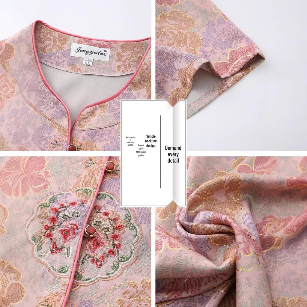 Mom's Chinese Style Summer Top Set: Short-Sleeved Shirt & Two-Piece Outfit for Middle-Aged and Elderly Women