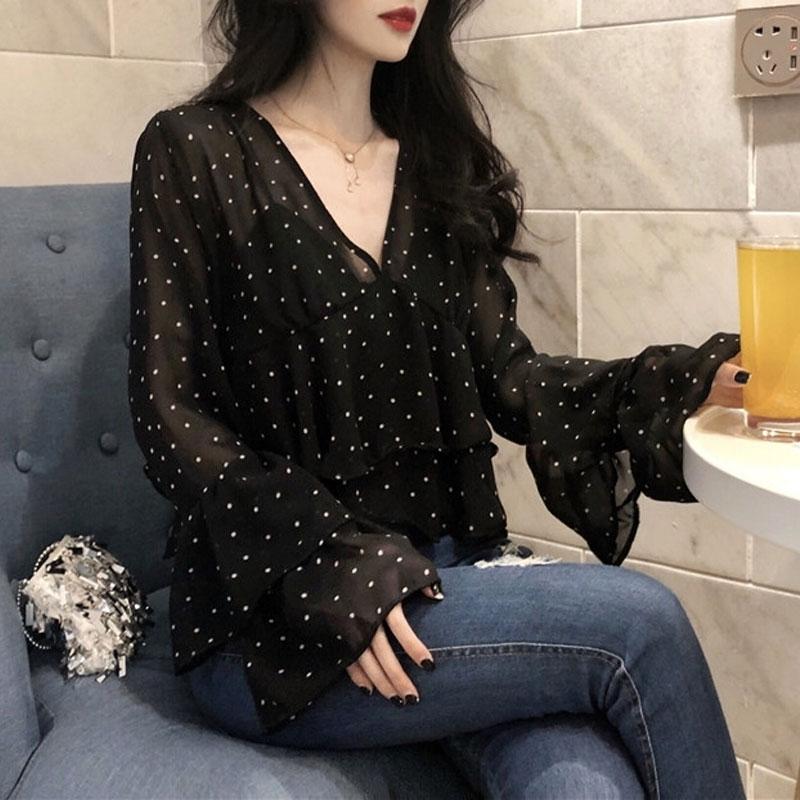 Spring Summer New Sweet Long Sleeve Ruffles Women's Loose Folds Korean All-match Polka Dot Chiffon Shirt