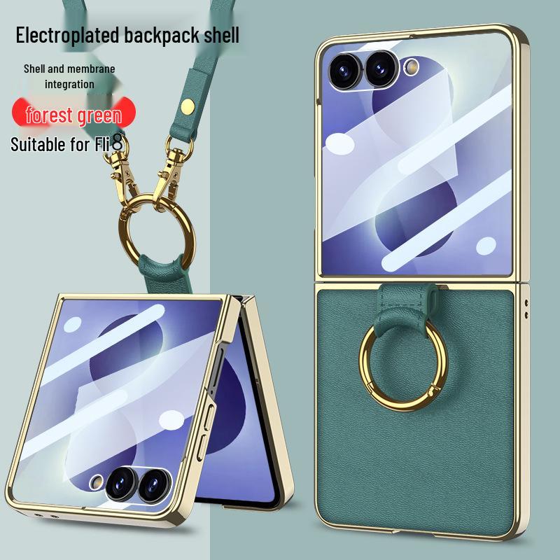 Samsung Z Flip 8 Electroplated Retro Leather Case with Lanyard and Ring Holder