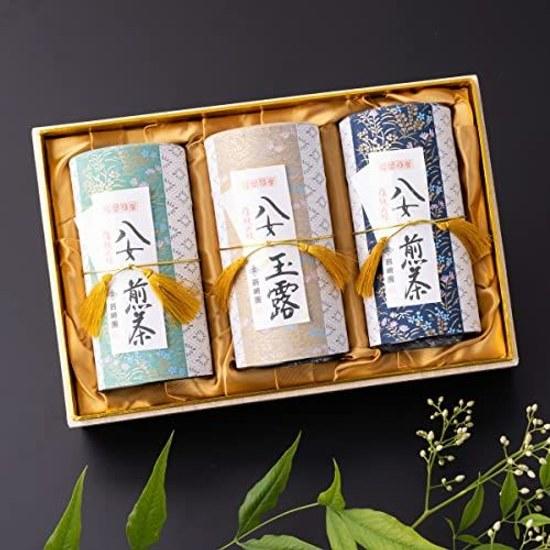 Tea Gift Premium Yame Highest Quality 3 Types 150g Each Washi Paper Canister Box Wood Grain Design Iwasakien Seicha Kyushu Fukuoka Gyokuro Sencha Deep