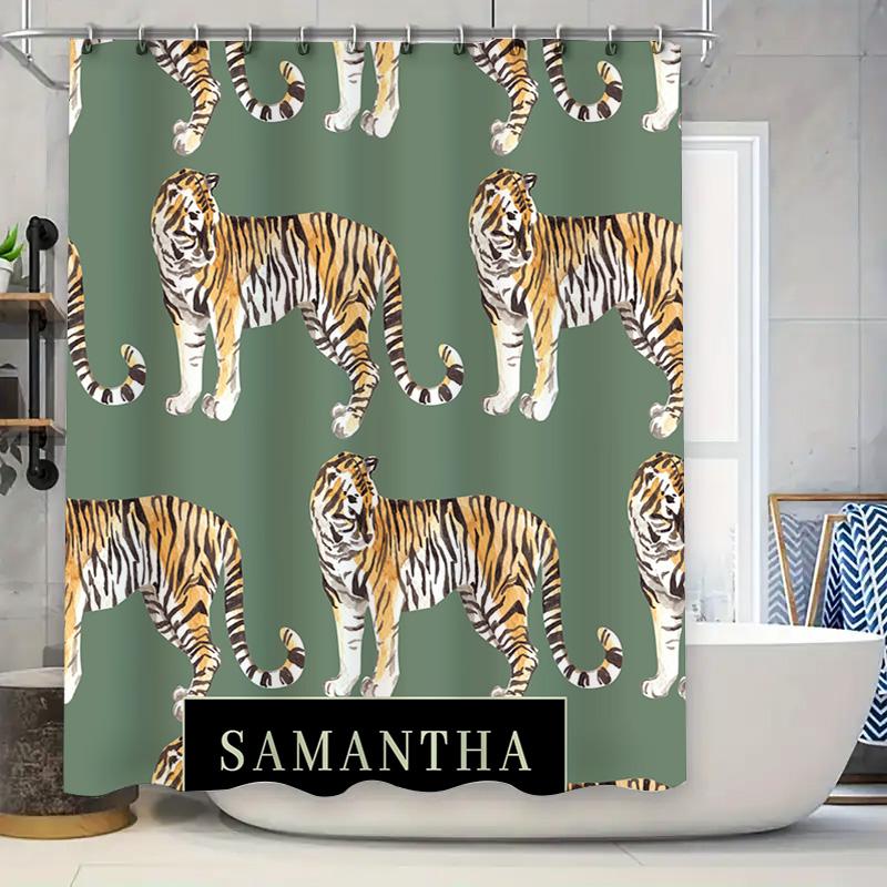 Stylish Tiger Print Shower Curtain for Bathroom Decor Personalized Custom Name Adding Green Background Pattern Home Decoration.