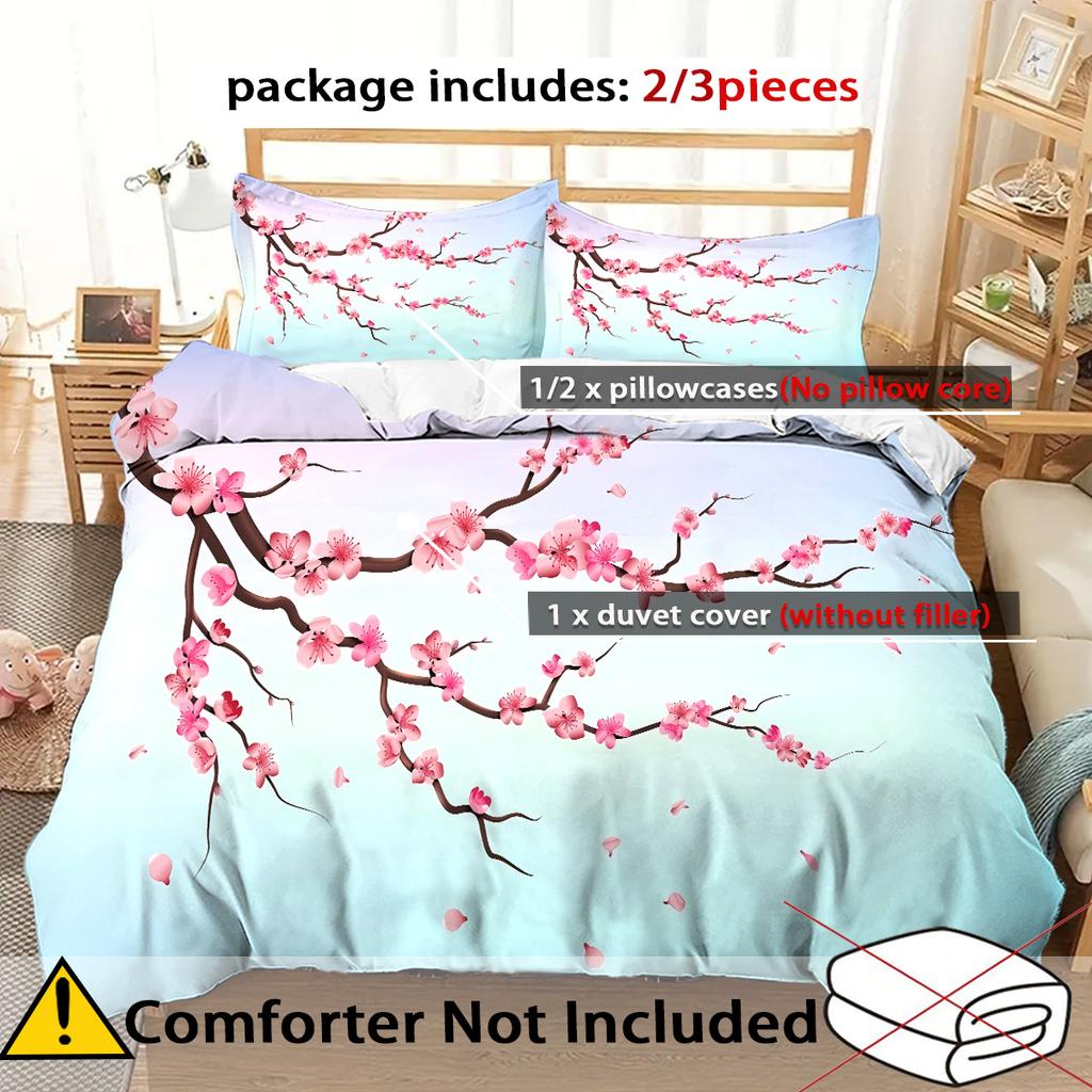 Red Cherry Blossoms 3D Printed Quilt Cover Rustic Floral Style Polyester Duvet Cover Soft Comfortable Bedding Set Pillowcases