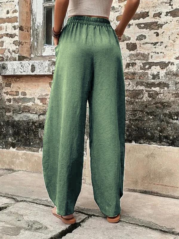 Women's Solid Color Casual Pants with Pockets and Elastic Waist.