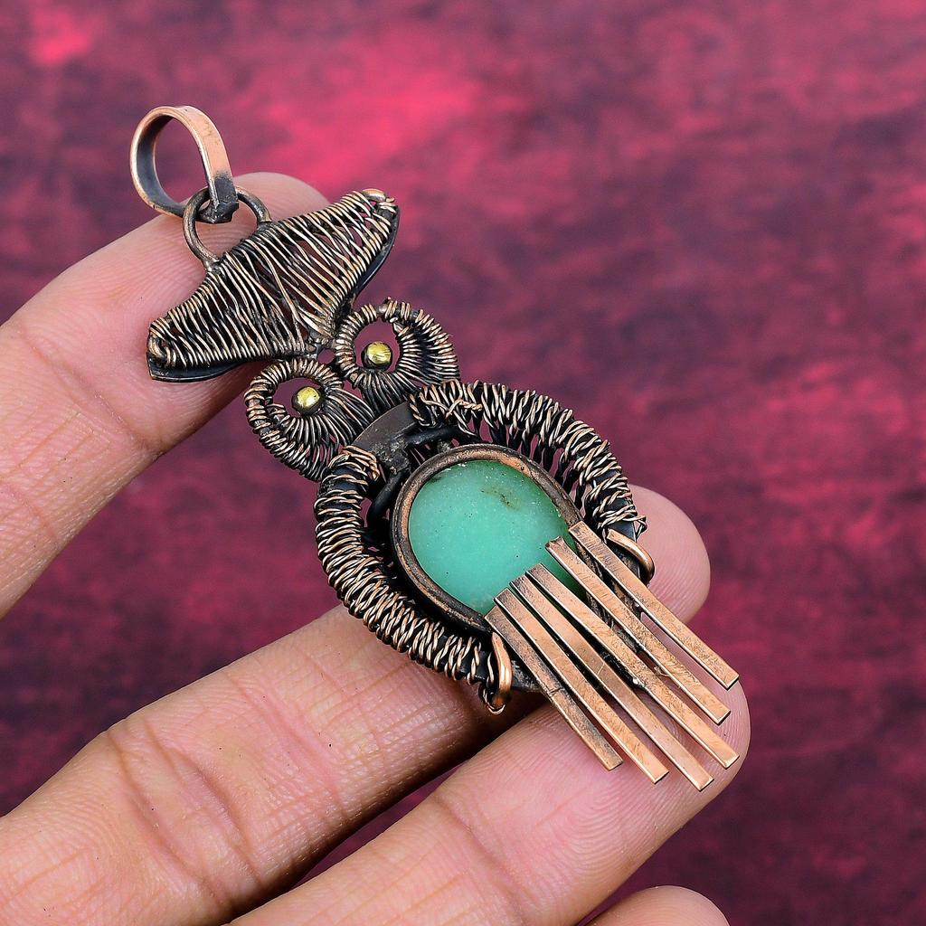 Chrysoprase Pendant Owl Gemstone Pendant Copper Wire Wrapped Handmade Jewelry