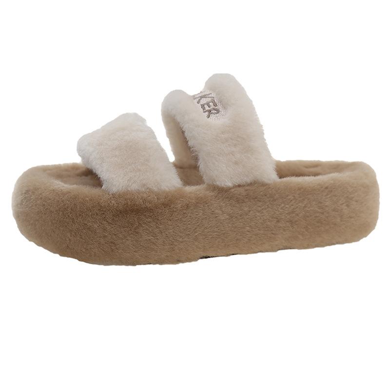 2024 English Autumn and Winter New Internet Celebrity Ins Fashion Versatile Fluffy Slippers Women Wear One Word Slippers Thick Bottom