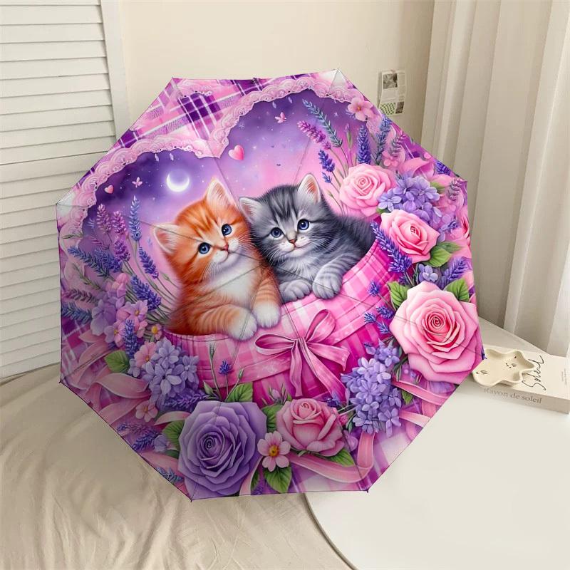 

1PC Kittens Flowers Umbrella-8-Rib Reinforced, Automatic Open, Lightweight & Durable, Cute Fashion Accessory for Outdoor-Y0331