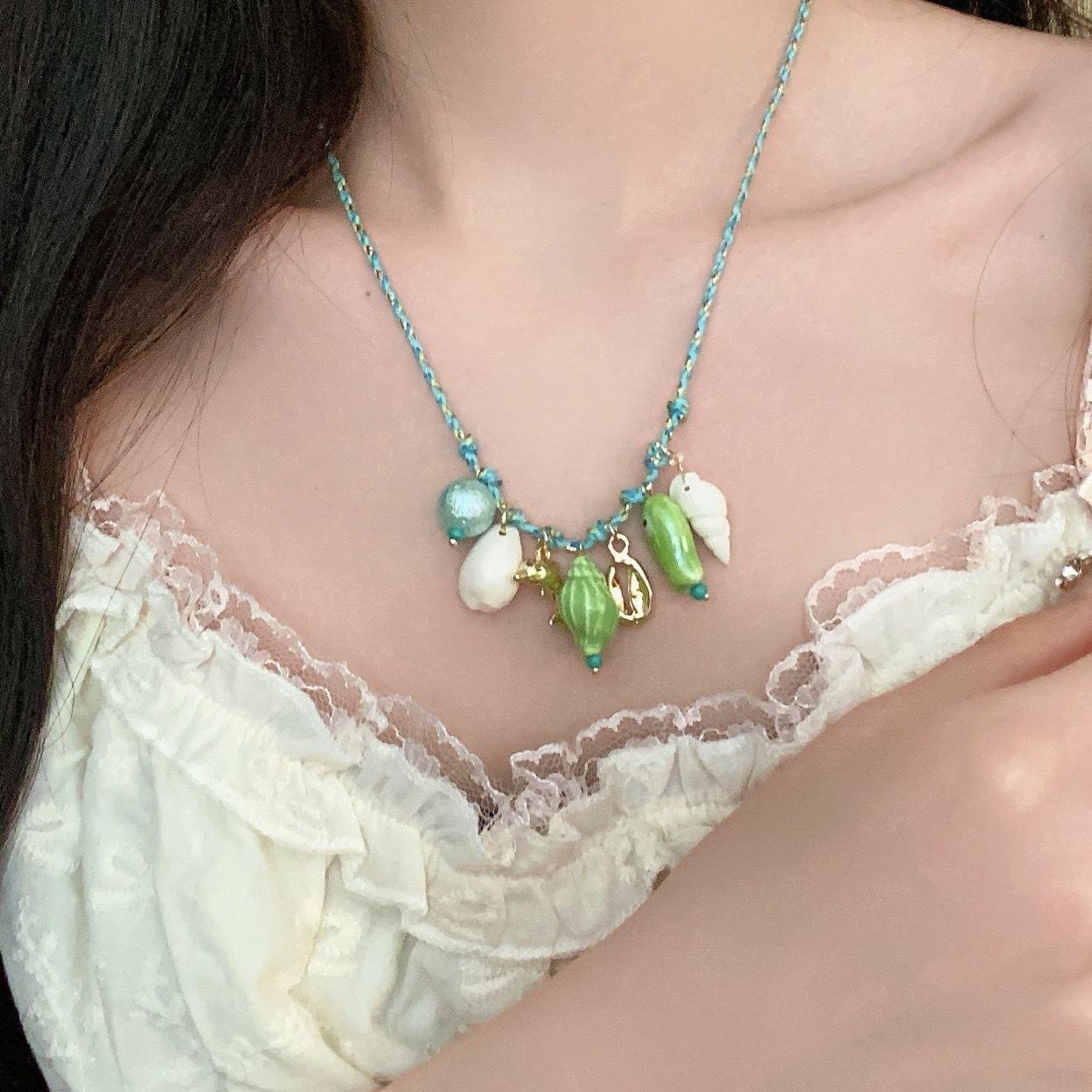 

Fashion Ocean Resort Wind Color Rope Necklace Ceramic Color Starfish Shell Starfish Conch Full Diamond Ball Necklace