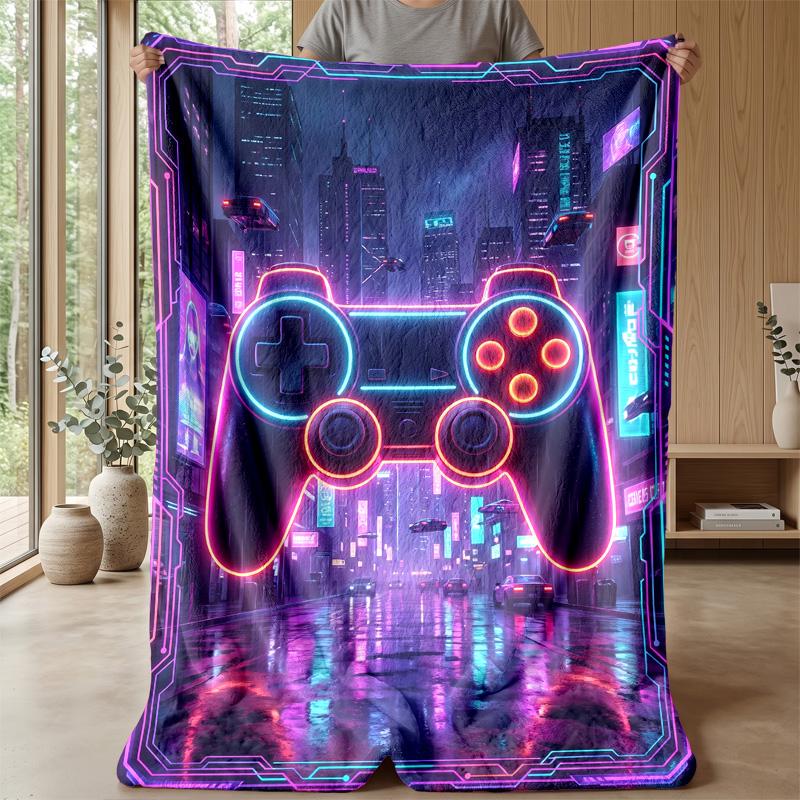 Cyberpunk Game Controller City Blanket Personalized Name Flannel Blanket Soft Cozy Plush Throw for Sofa Bed Lightweight Home Decor