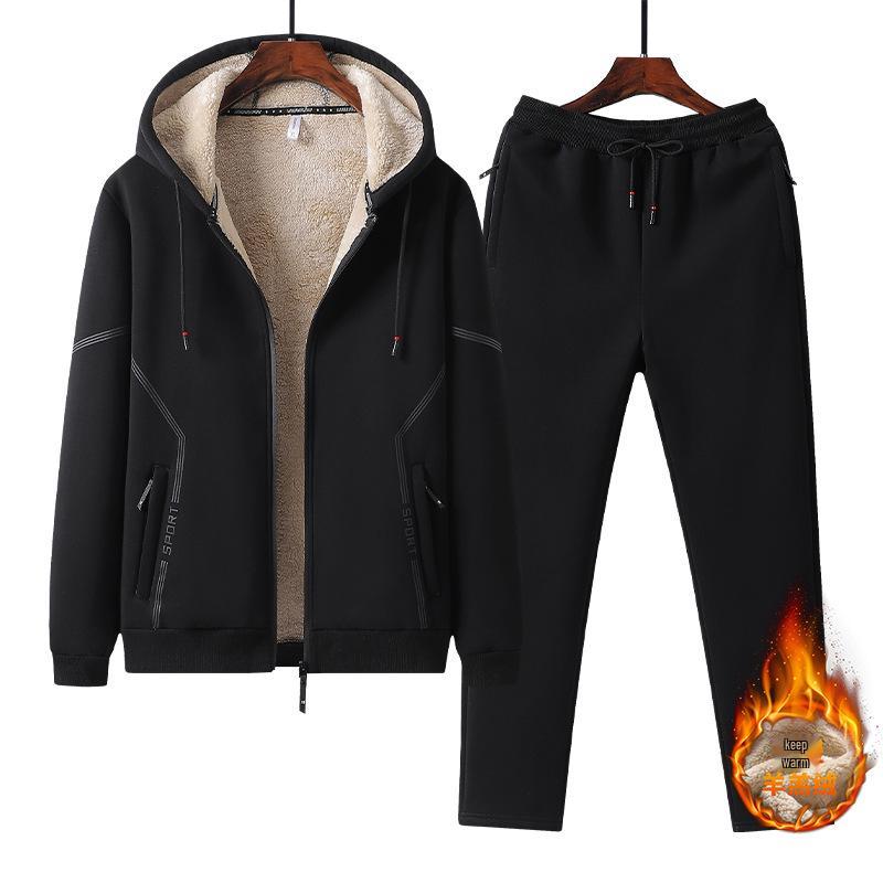Lambswool Sports Suit: Plus Size Men's Fleece-Lined Hoodie & Cardigan Two-Piece Set for Autumn/Winter.