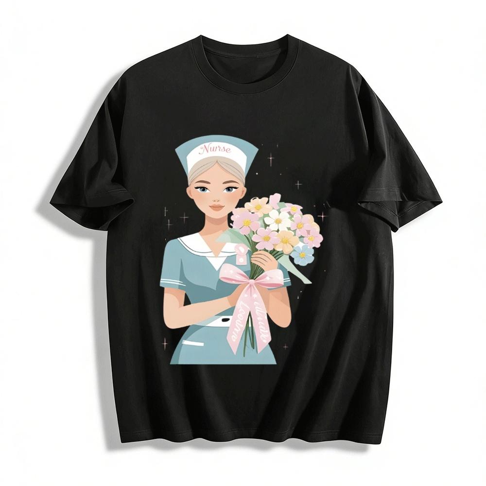 

Floral Nurse Print T-shirt Healthcare Worker Appreciation Casual Top Pure cotton T-shirt XXS