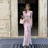French Floral Print Dress, Spring/Summer 2026 – Elegant, Waist-Cinching, Slim-Fitting, Long Skirt.