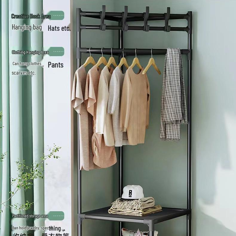 Modern Minimalist Metal Floor Coat Rack: Multifunctional Bedroom Clothes Hanger & Storage Solution.
