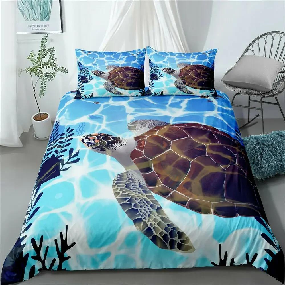 Sea Turtle Duvet Cover King Size Shark Bedding Set,Ocean Animals Bed Set,Tortoise and Coral Printed Polyester Comforter Cover