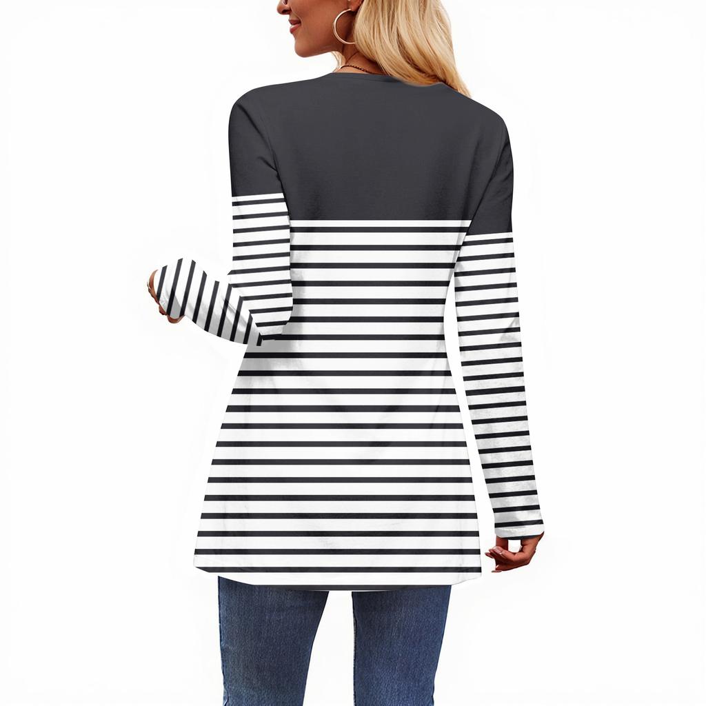 Women's Casual Fashion V-Neck Button Striped Long Sleeve Top