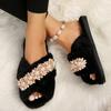 Fashion Women's Flat Home Cotton Slippers Autumn Winter Warm Fur Flowers Beaded Slipper for Women Casual Light Non-slip Slides Shoes