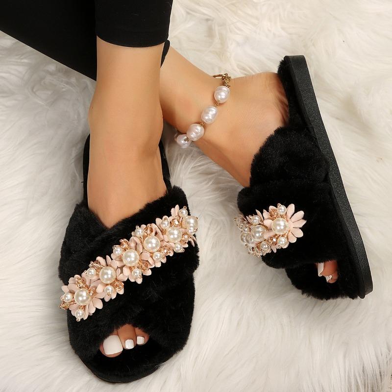 Fashion Women's Flat Home Cotton Slippers Autumn Winter Warm Fur Flowers Beaded Slipper for Women Casual Light Non-slip Slides Shoes