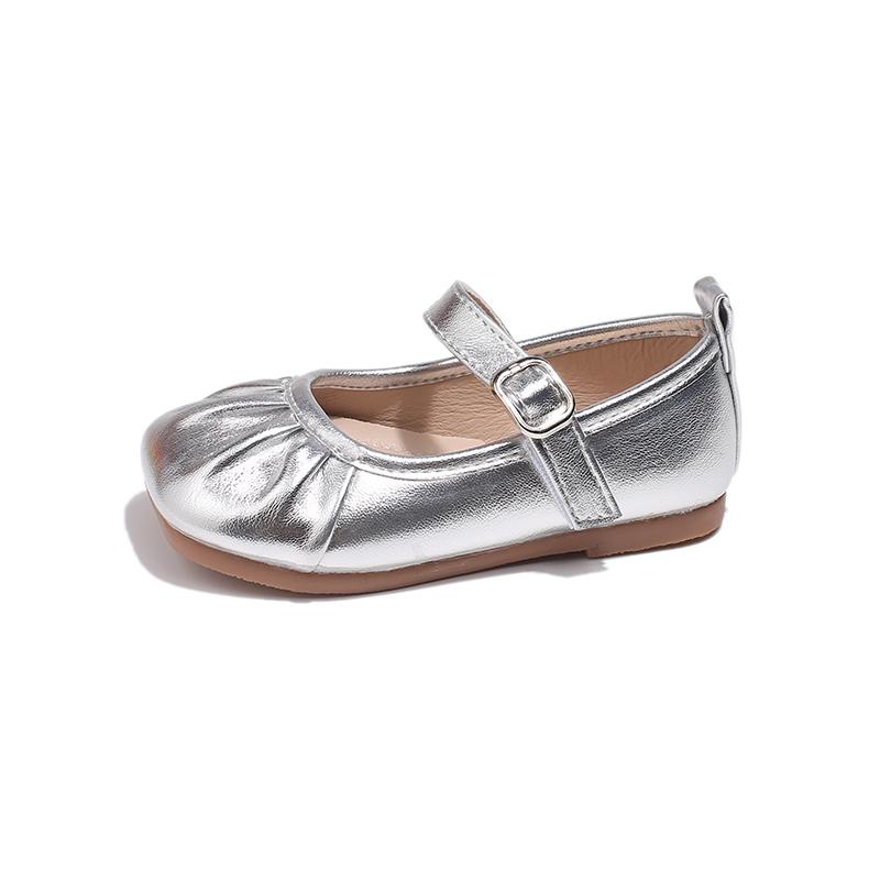 Girls Leather Shoes for Party Wedding Children Shallow Pleated Shoes Kids Flats Moccasins Shoes Anti-Slippery 2024 Autumn Spring