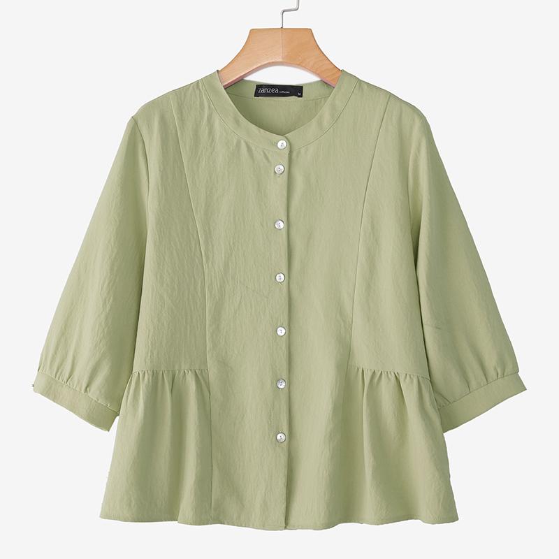 

ZANZEA Женская повседневная блузка из хлопка свободного кроя с круглым вырезом и рукавами 3/4 2XL зелёный