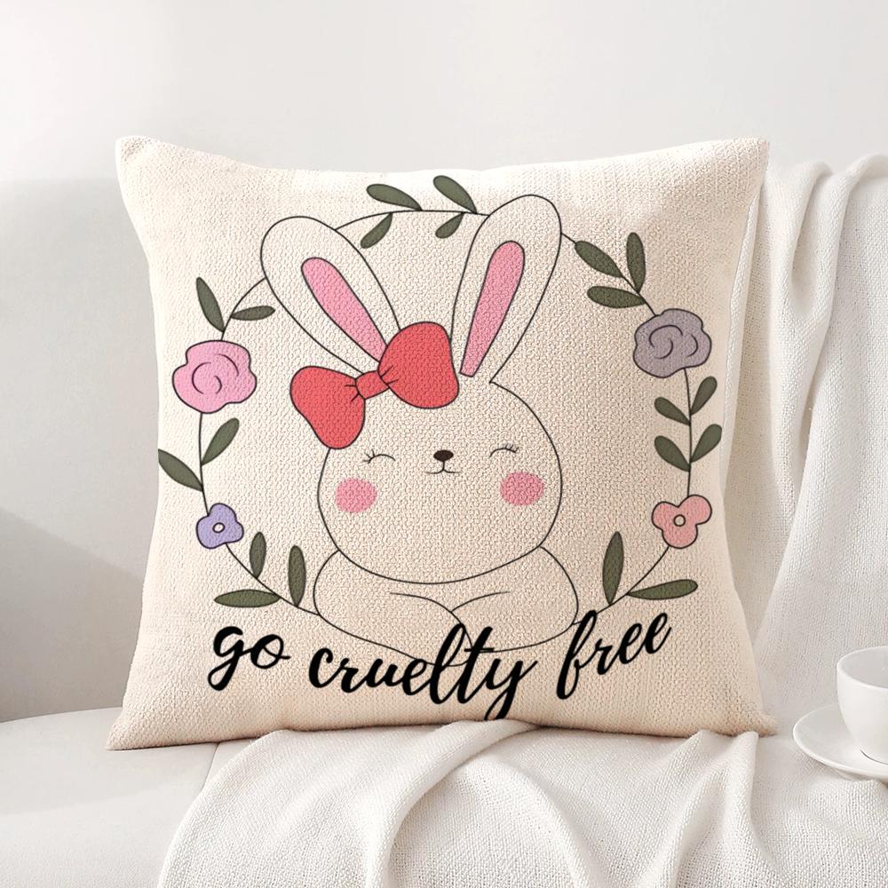 Cute Bunny Easter Cushion Cover Natural Linen Organic Fabric Double-Sided Printing Sofa Home Decor Gift Pillow Cover