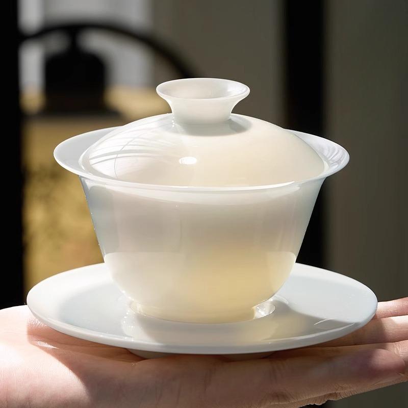 Suet jadecover bowl three talentsare not hot, hover white porcelain tea bowl householdhigh-end tea cup kung fu tea set tea maker