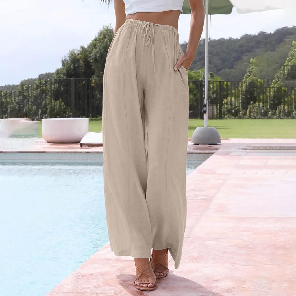Women's Casual Relaxed Fit High-Waisted Belted Pocket Cotton-Linen Blend Trousers