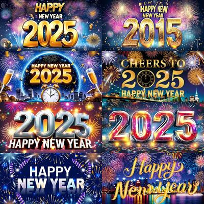 2025 Mutlu Yıllar Renkli Tema Parti Arka Planı Havai Fişekler Altın Balon Afişi Yeni Yıl Ev Partisi Fotoğraf Arka Planı