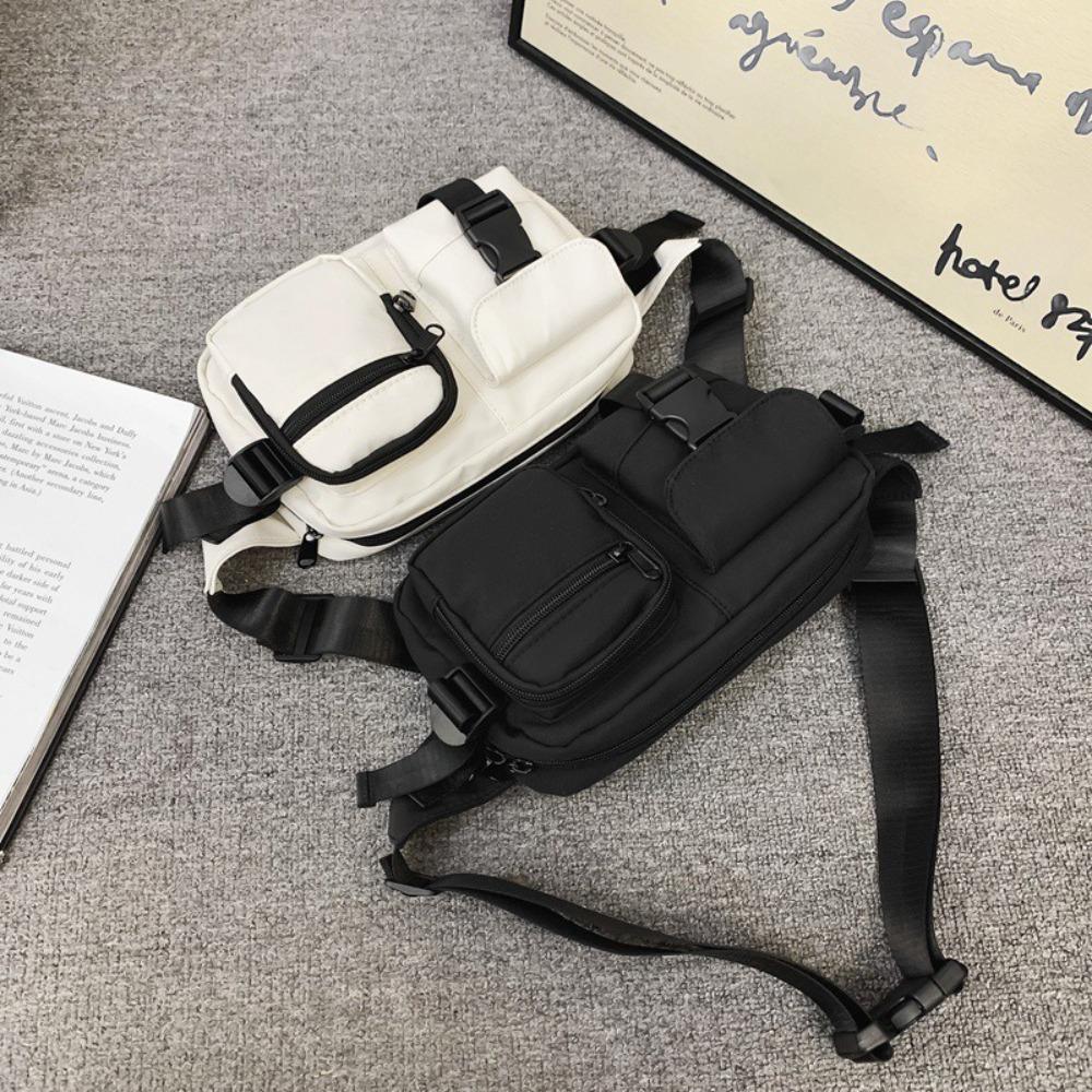 

Pocket Nylon Waist Bag Zipper Single Shoulder Bag Retro Men s Chest Bag Male чорний