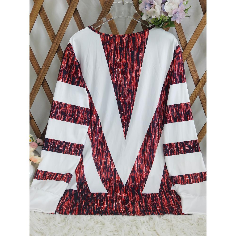 Autumn and winter extension color matching striped printing zipper T-shirt casual long-sleeved top large size women's clothing