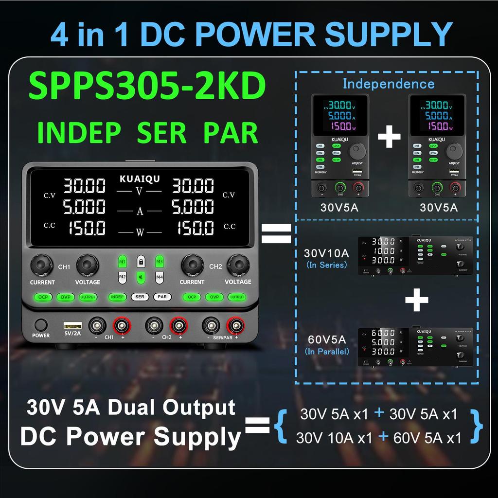 Dual Channel Power Supplies KUAIQU 30V 5A 4 in 1 Indep series parallel OCP & OVP Data storage Panel lock, output switch, encoder knob SPPS305-2KD