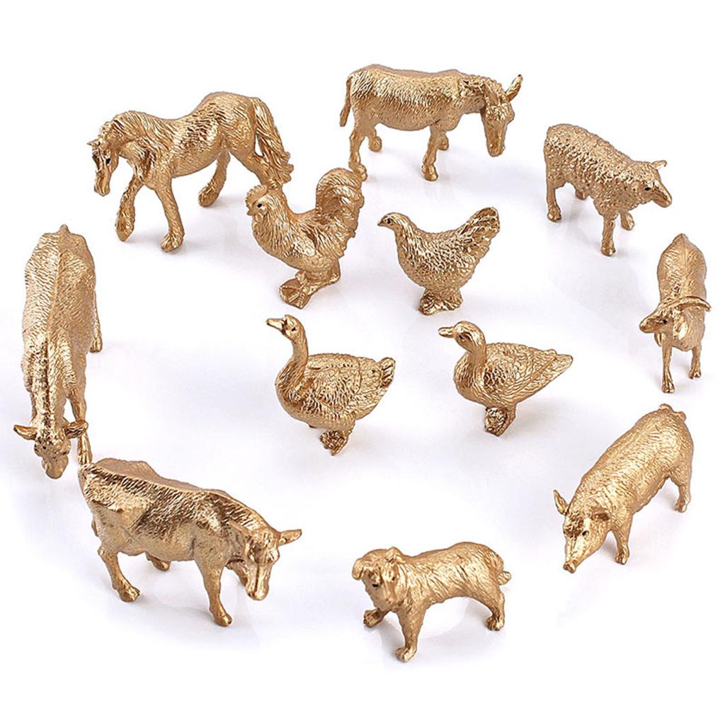 12 Pcs Poultry Animal Figures Simulation Model Golden Figurine Statue Chicken DuckGoose Cattle Educational Toys