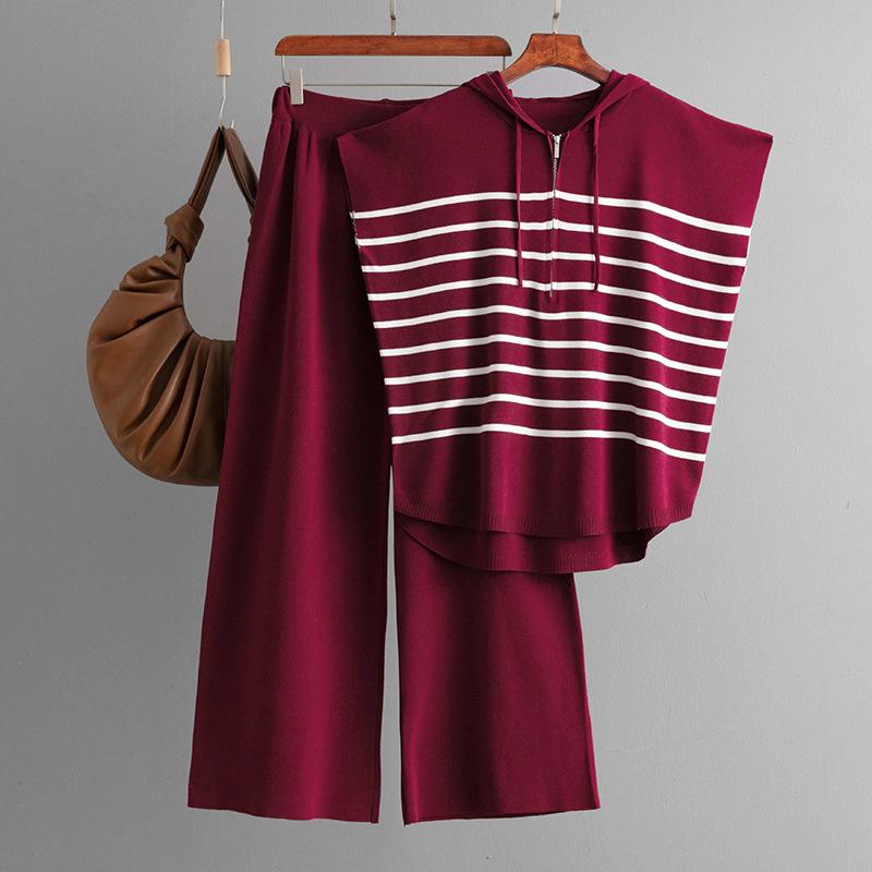 

Summer new hooded sleeveless vest fashion suit loose casual striped two-piece set women One Size бордовый