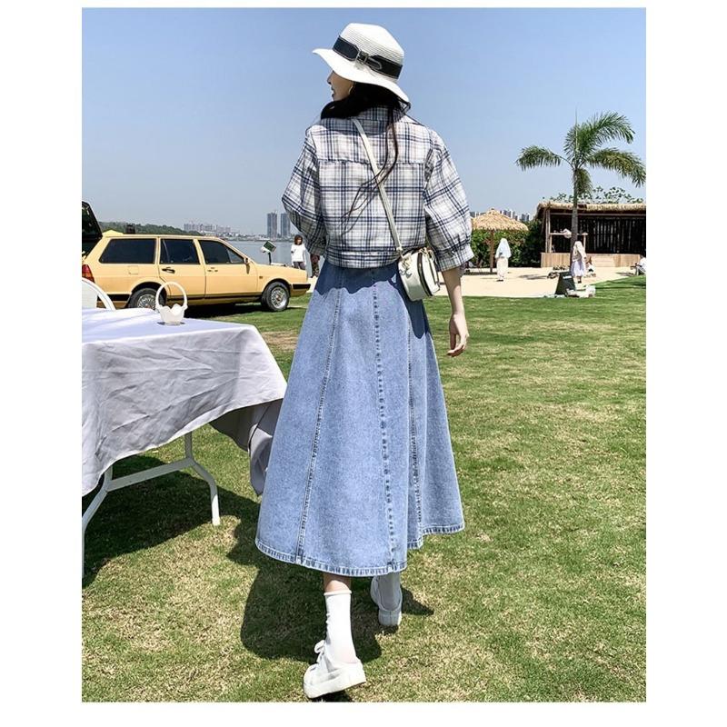 Women High Waist Denim Maxi Skirt A Line Flared Design Casual Long Jean Skirt