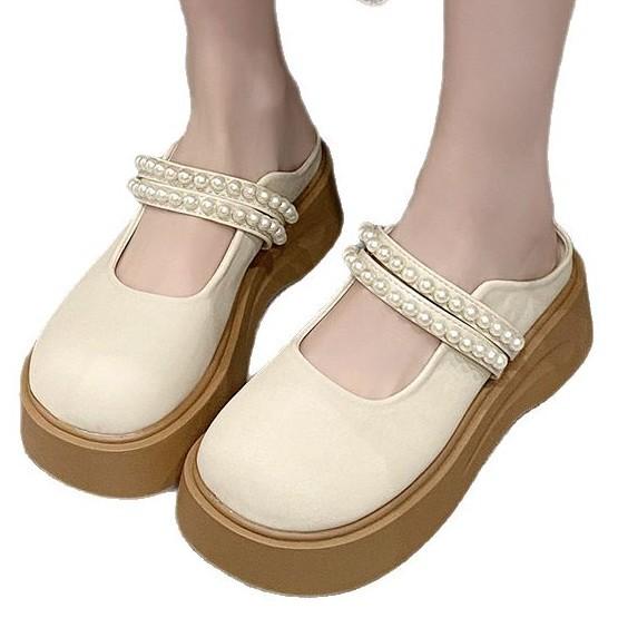 Outer Wear 2025 Spring and Summer French Bag Head Half Slippers Female New Pearl Fairy Wind Thick Bottom Mary Jane Cool Slippers