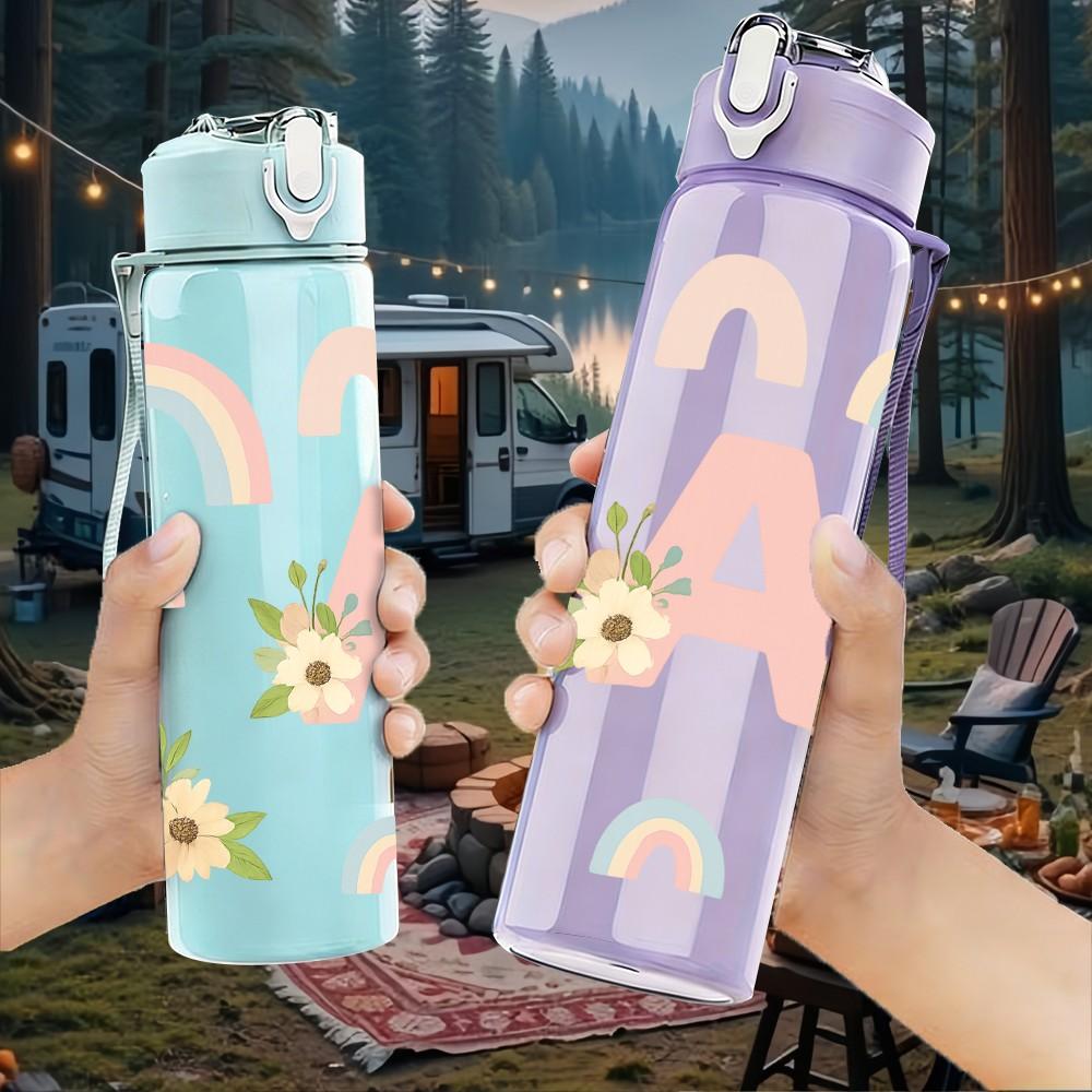 1PC Rainbow Letter A Floral 750ml Color Plastic Sports Water Bottle Leakproof Flip Straw Lid Suitable for Sports Office Home Use
