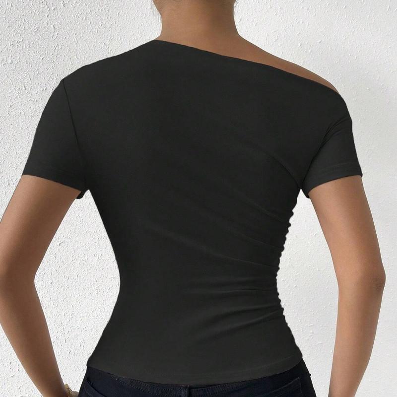 Spring and Summer Solid Colour Fashion Slim Drawstring Irregular Collar Short Sleeve T-Shirt Top