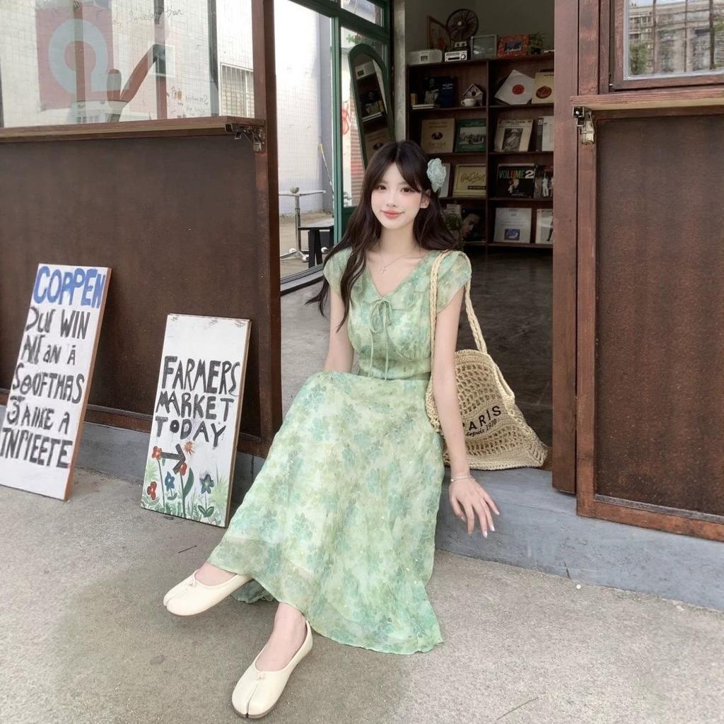 Light luxury celebrity style temperament French floral mesh suspender dress green high waist slim skirt