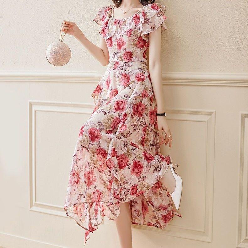 Women's Summer 2026 Chiffon Floral Print Dress with Waist-Cinched Design - French Style Mid-Length Fairy Dress