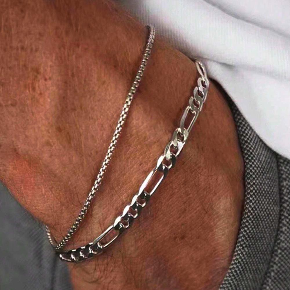 2pcs Simple Minimalist Silver Plated Stainless Steel Chain Bracelets Set for Men Fashion Glossy Street Chic Bracelet Jewelry