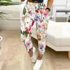 Summer Ladies Realistic Large Flowers Prints Printed Sweatpants Loose Fit Drawstring Joggers Elastic Cuff Daily Casual Pants