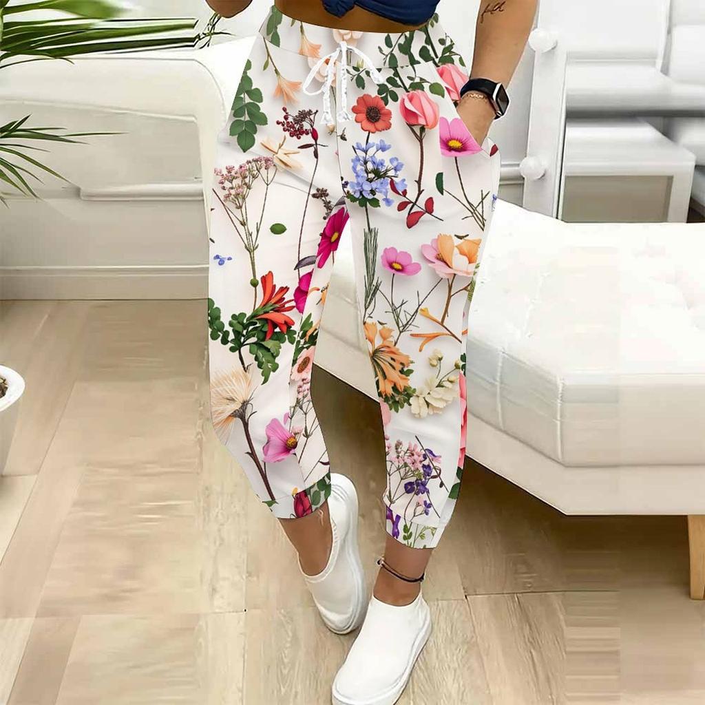 Summer Ladies Realistic Large Flowers Prints Printed Sweatpants Loose Fit Drawstring Joggers Elastic Cuff Daily Casual Pants