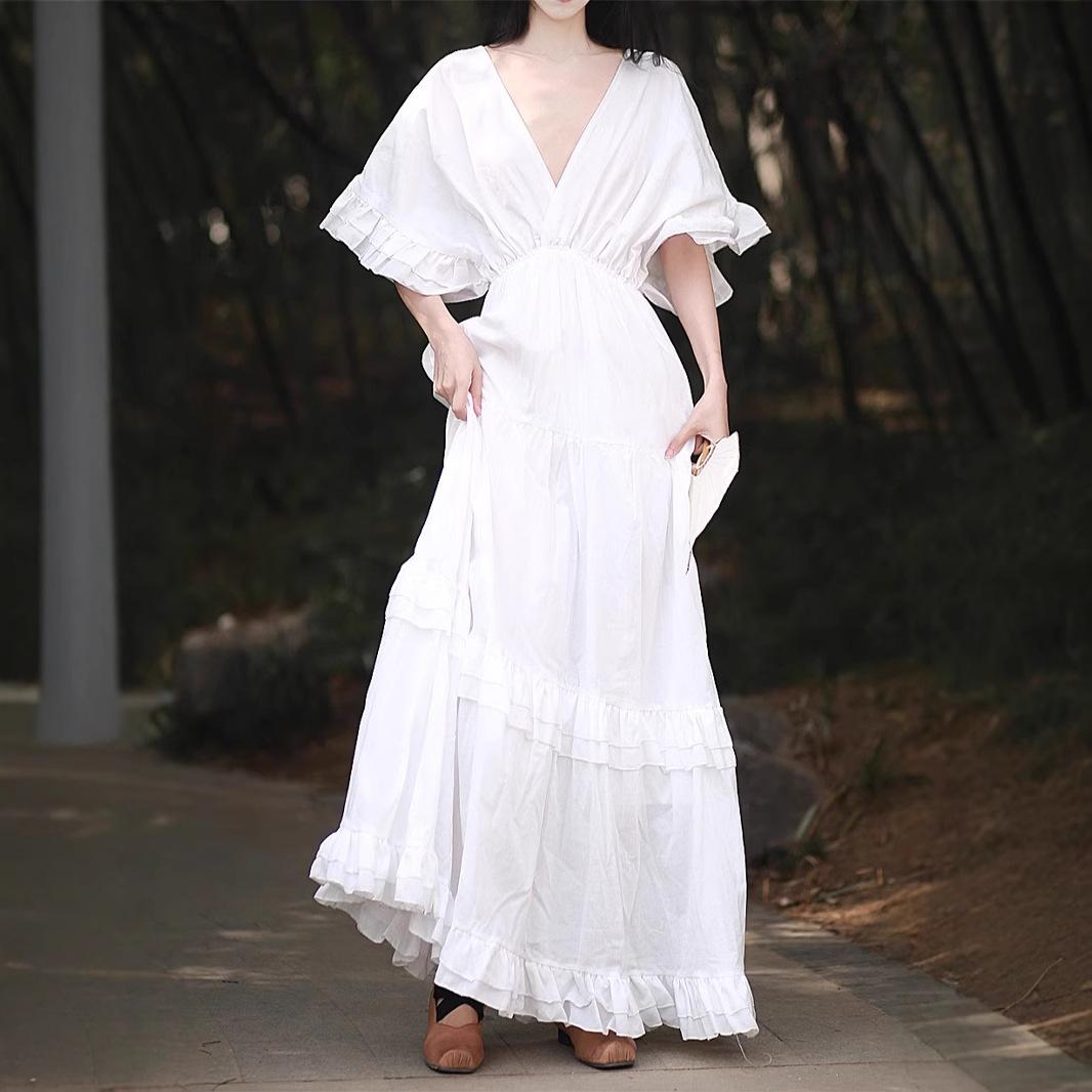 

Johnature Женское винтажное многоярусное платье с V-образным вырезом и короткими рукавами, однотонное, летнее, в стиле пэчворк, повседневное One Size белый